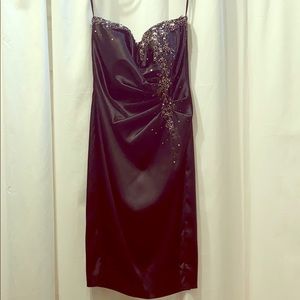Jeweled Black Satin Semi Formal Cocktail Dress